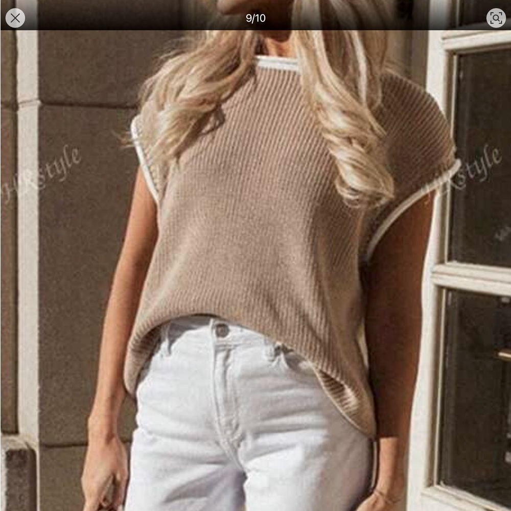Ladies mock neck  Tan Sleeveless Sweater